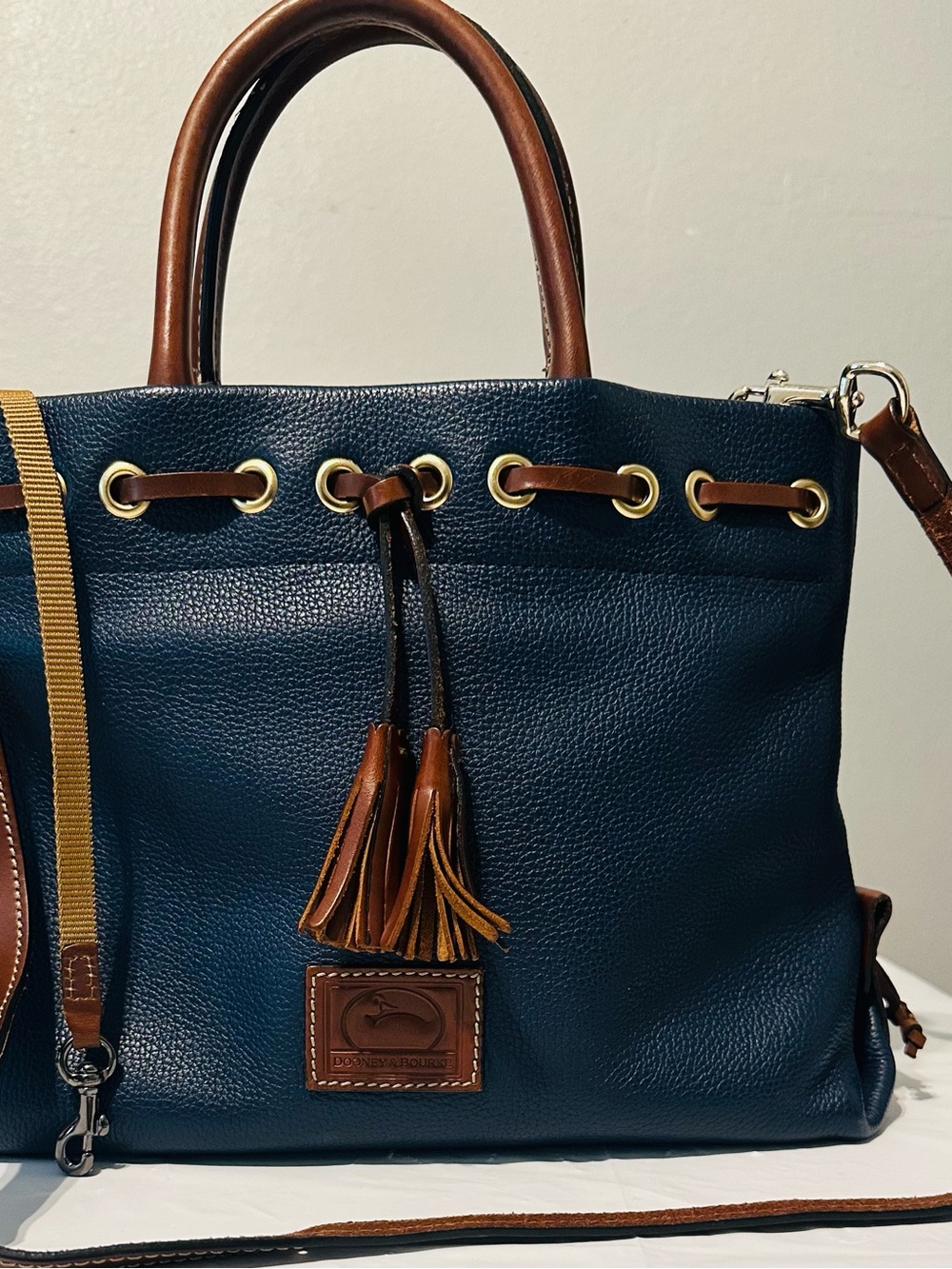 Dooney & Bourke Navy Blue Leather Satchel with Brown Trim and Tassels